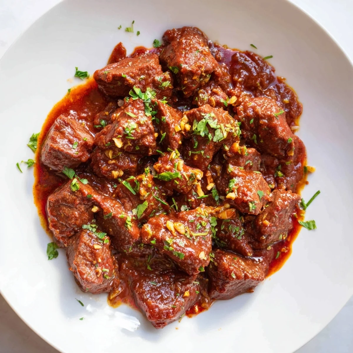 A close-up of a flavorful spiced meat dish, garnished with fresh herbs alongside fluffy rice.