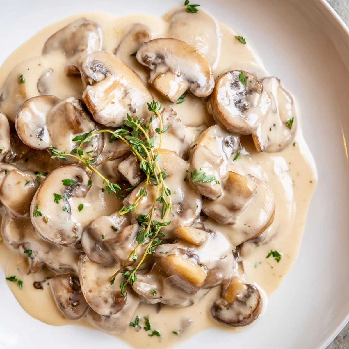 A close-up shot of the flavorful creamy mushroom sauce, bubbling gently in a skillet.