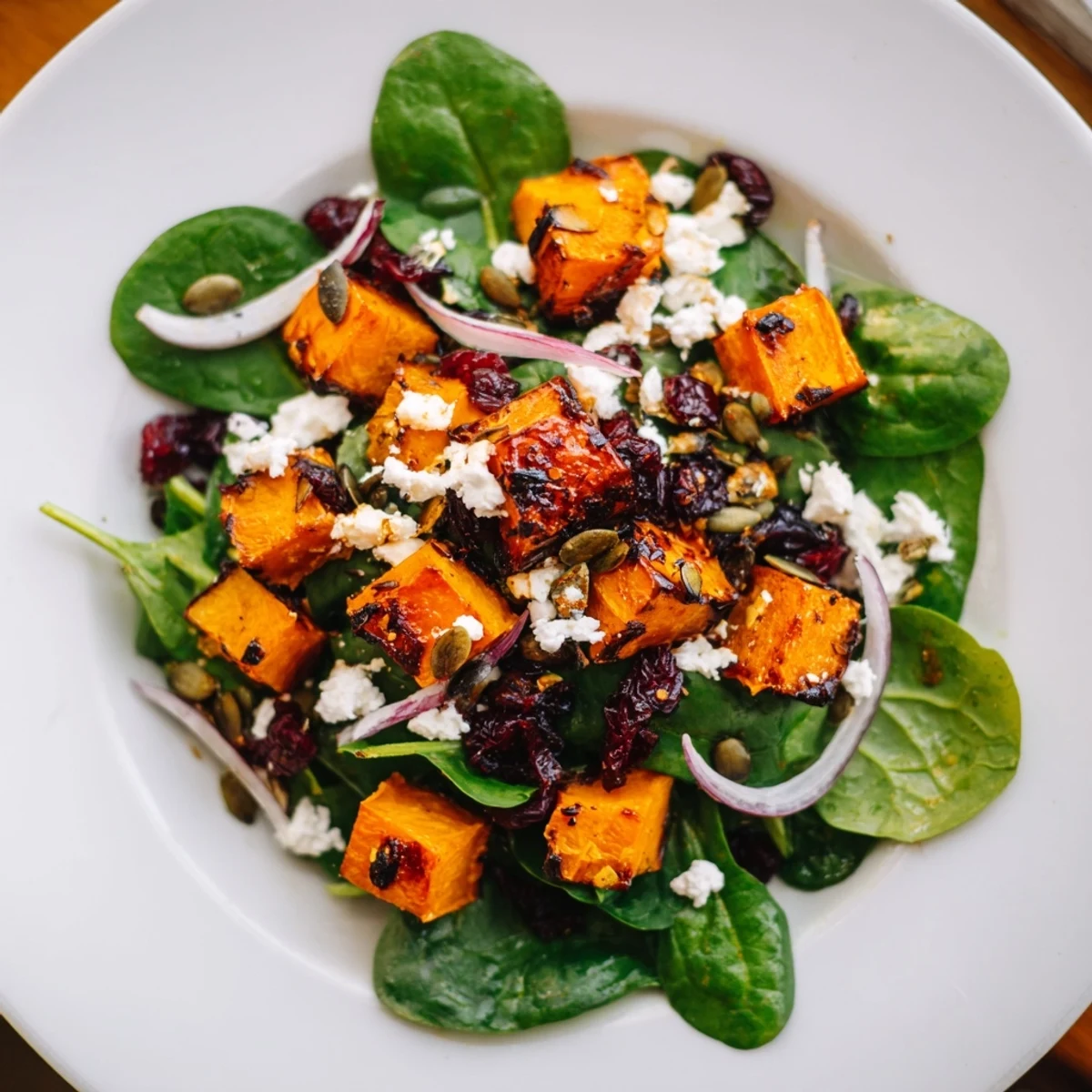 Roasted butternut squash salad with vibrant colors, creamy feta, and a zesty maple dressing.