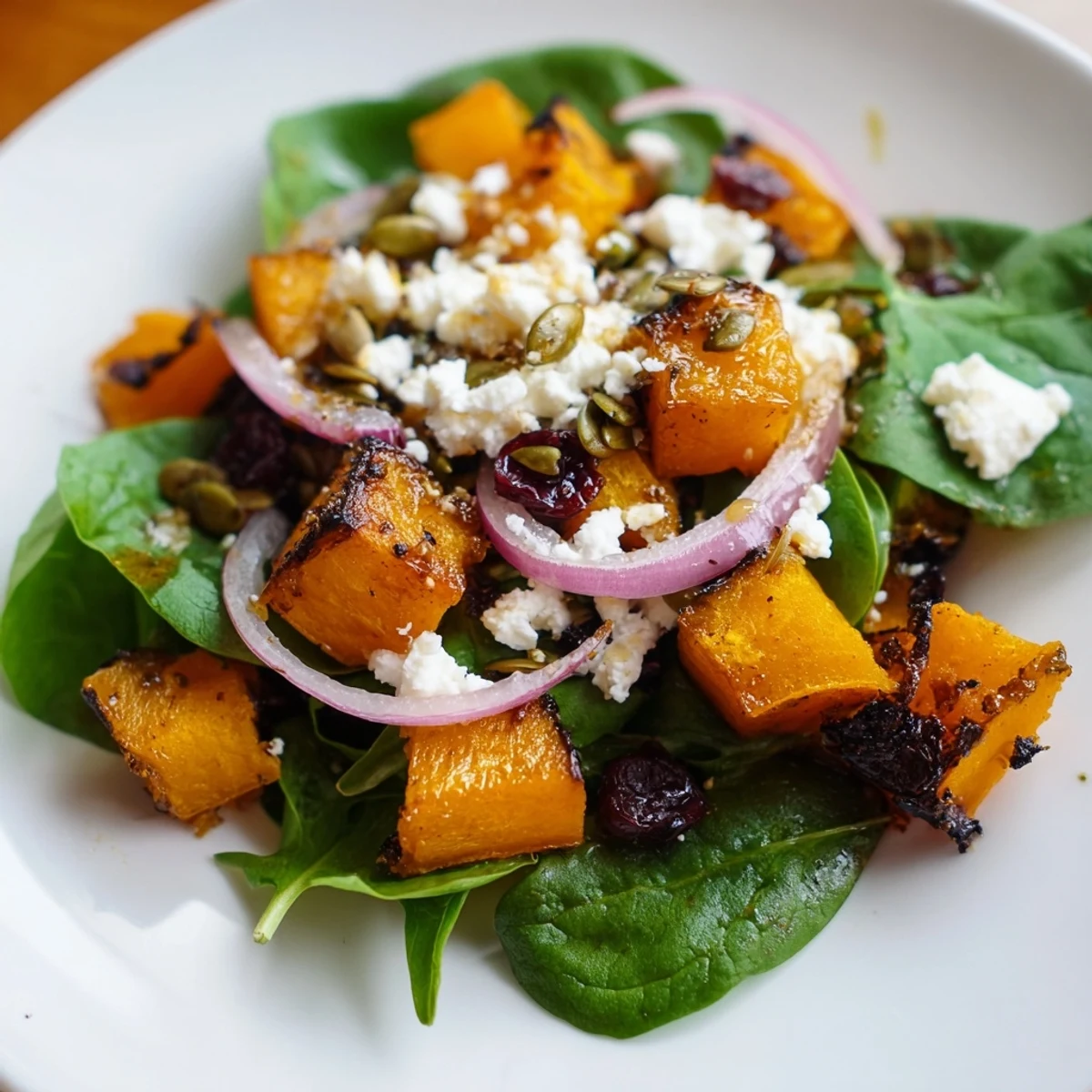 Delicious butternut squash salad, featuring tender vegetables and tangy feta, ready to enjoy.
