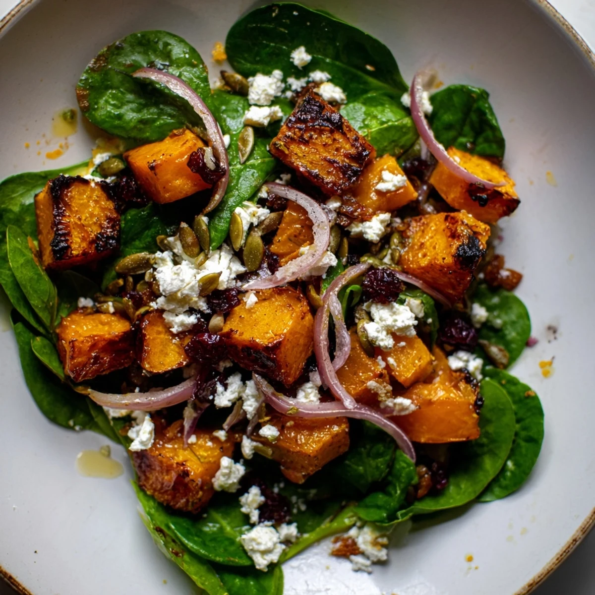 Warm roasted butternut squash salad, tossed with fresh greens, and crunchy pumpkin seeds on a plate.