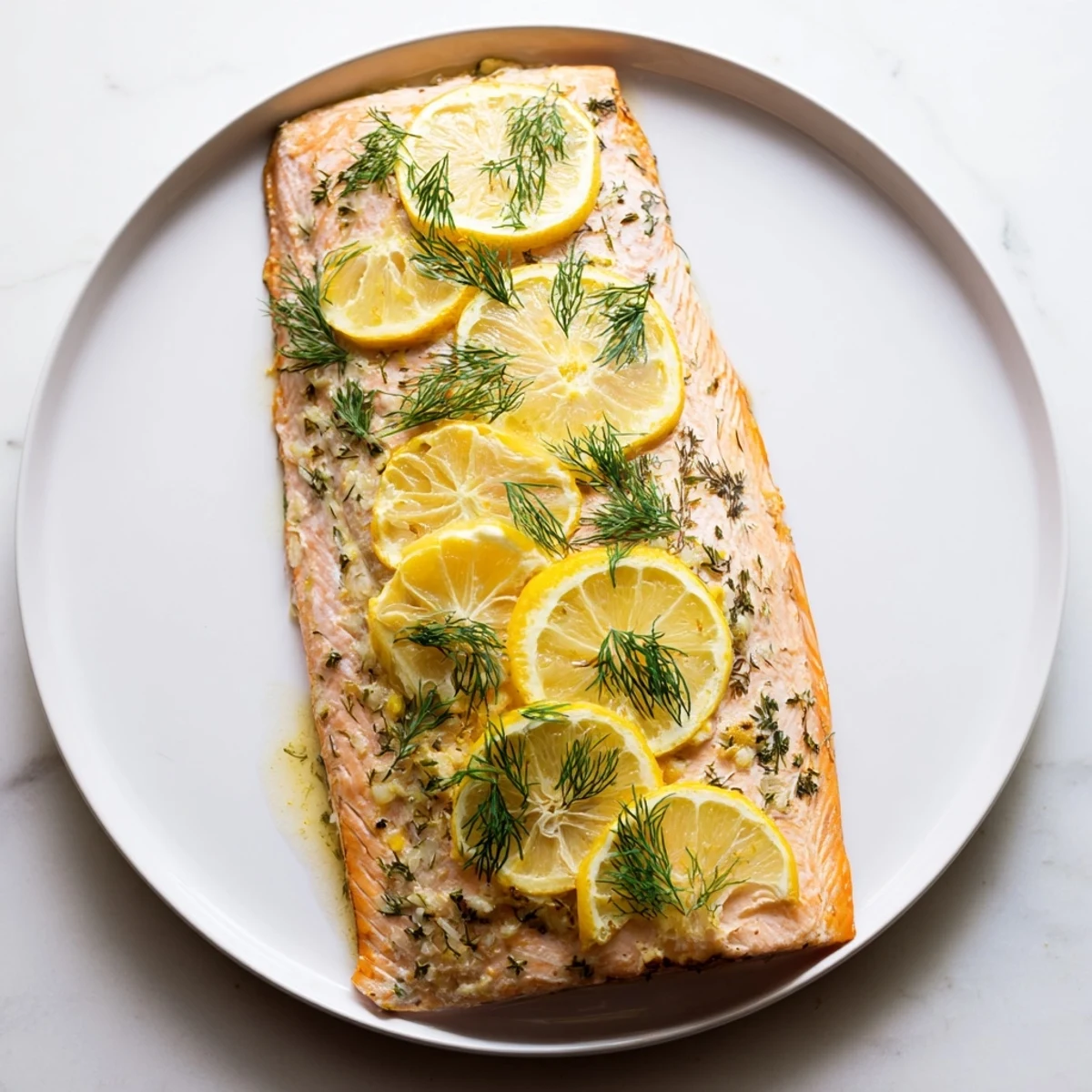 Flaky baked salmon fillets, glistening with marinade, served with bright lemon slices.