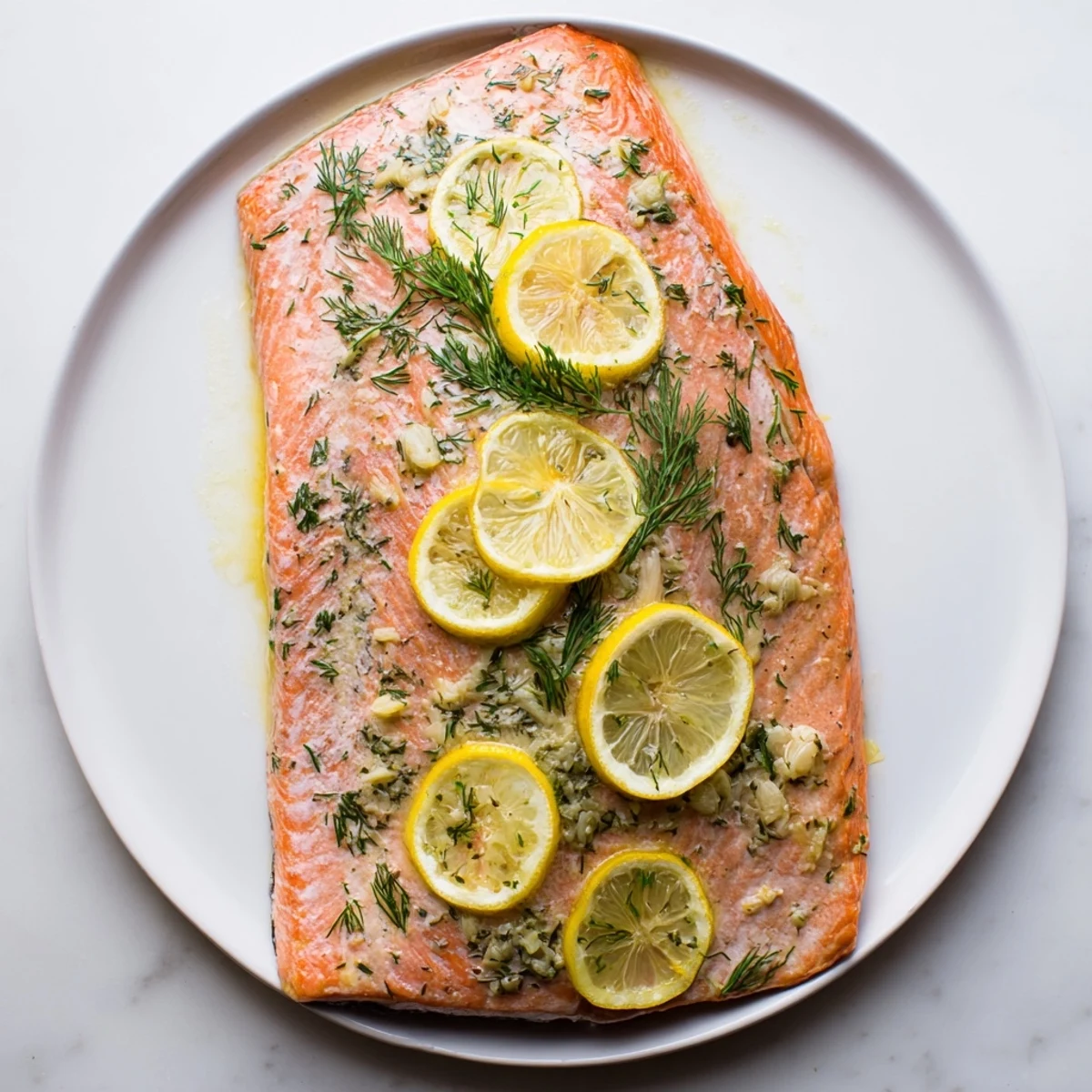 Golden-brown baked salmon, infused with herbs, ready for a delicious and easy weeknight dinner.