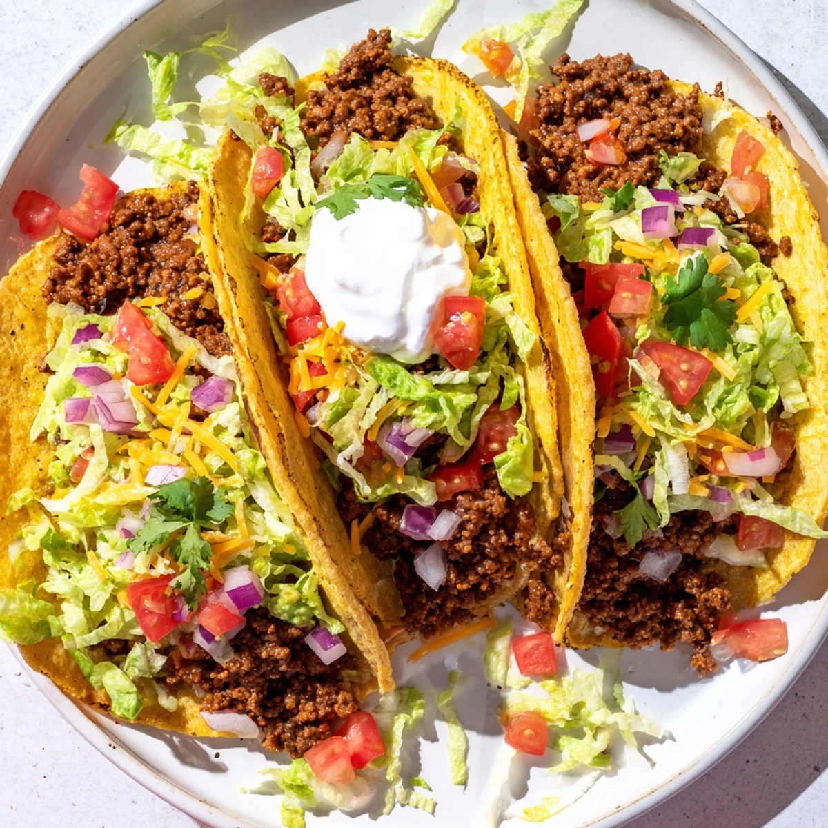 Steaming beef tacos filled with seasoned ground beef and fresh, colorful toppings, ready to eat.