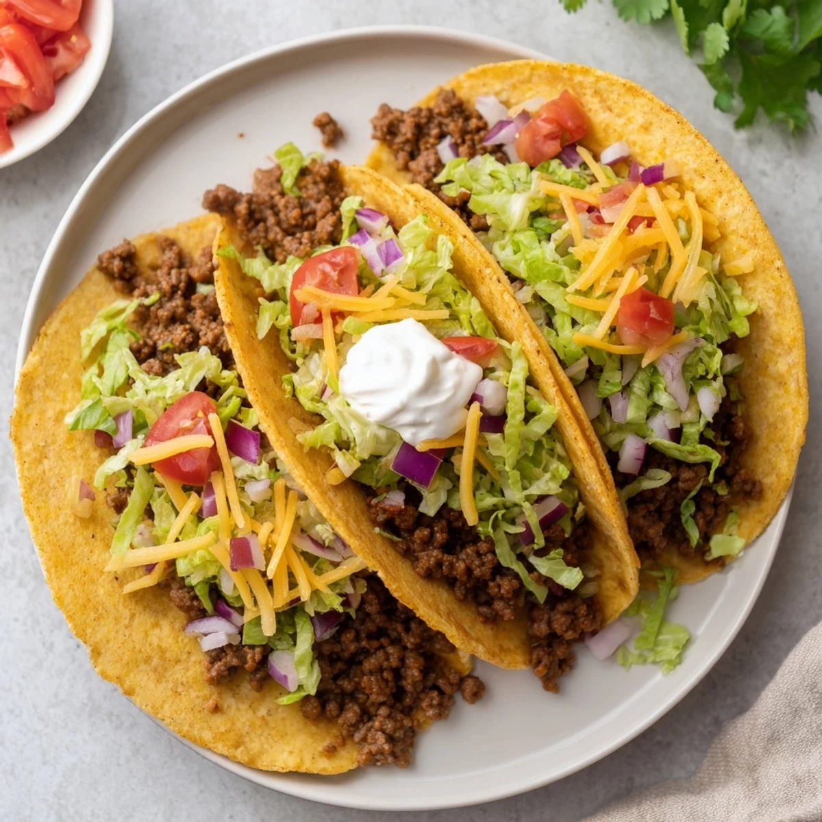Close-up of classic beef tacos, showcasing the flavorful beef filling, crunchy veggies, and warm tortillas.