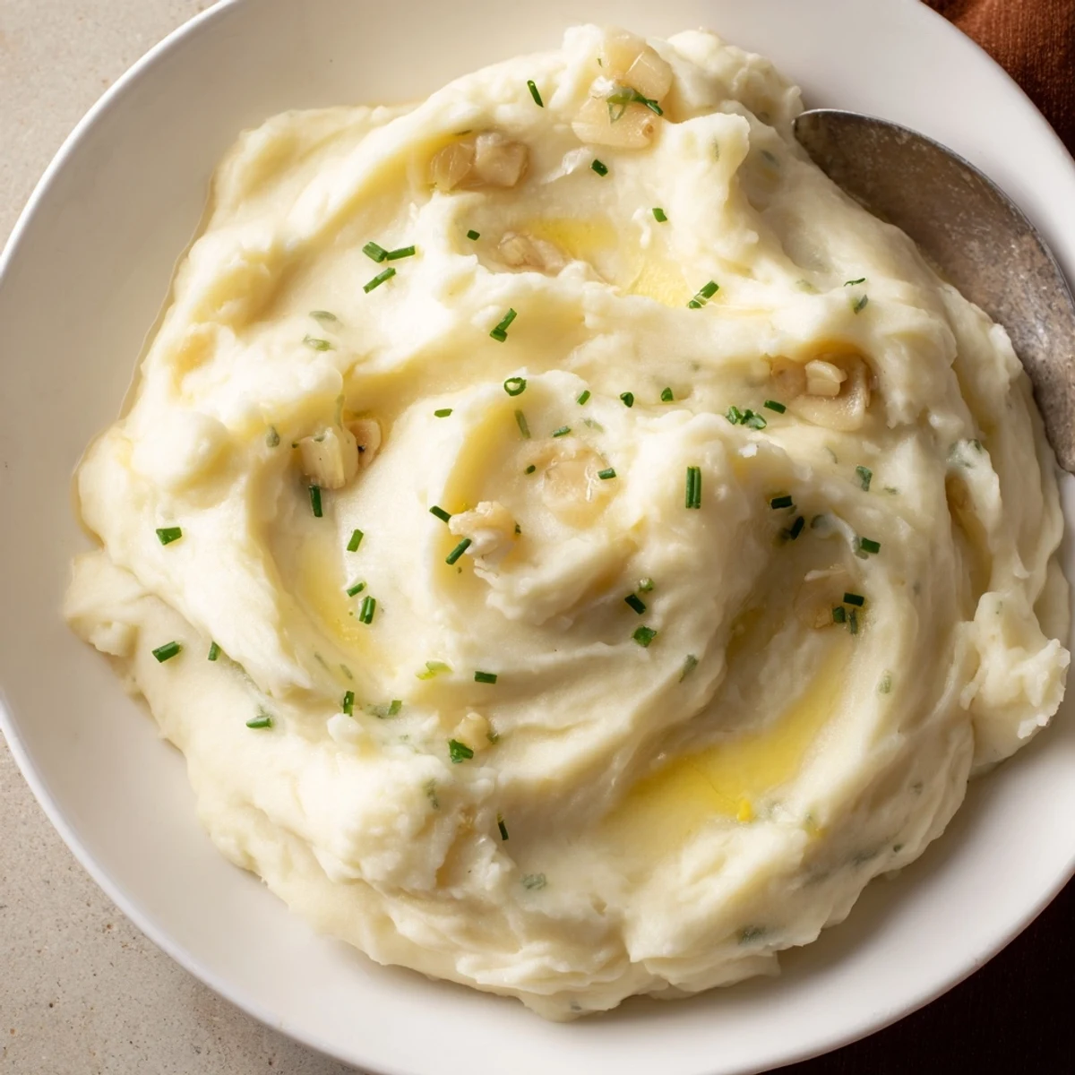 Roasted garlic infuses these homemade mashed potatoes, presenting a rich, comforting side dish.