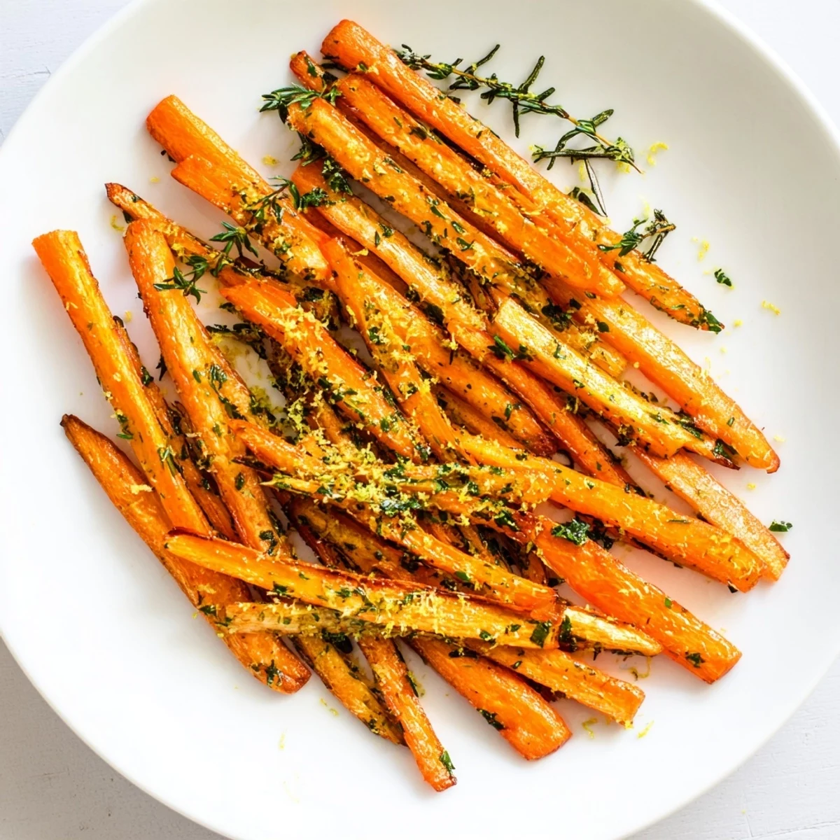 Golden-brown Herb Roasted Carrots, glistening with olive oil and fragrant rosemary, ready to enjoy.