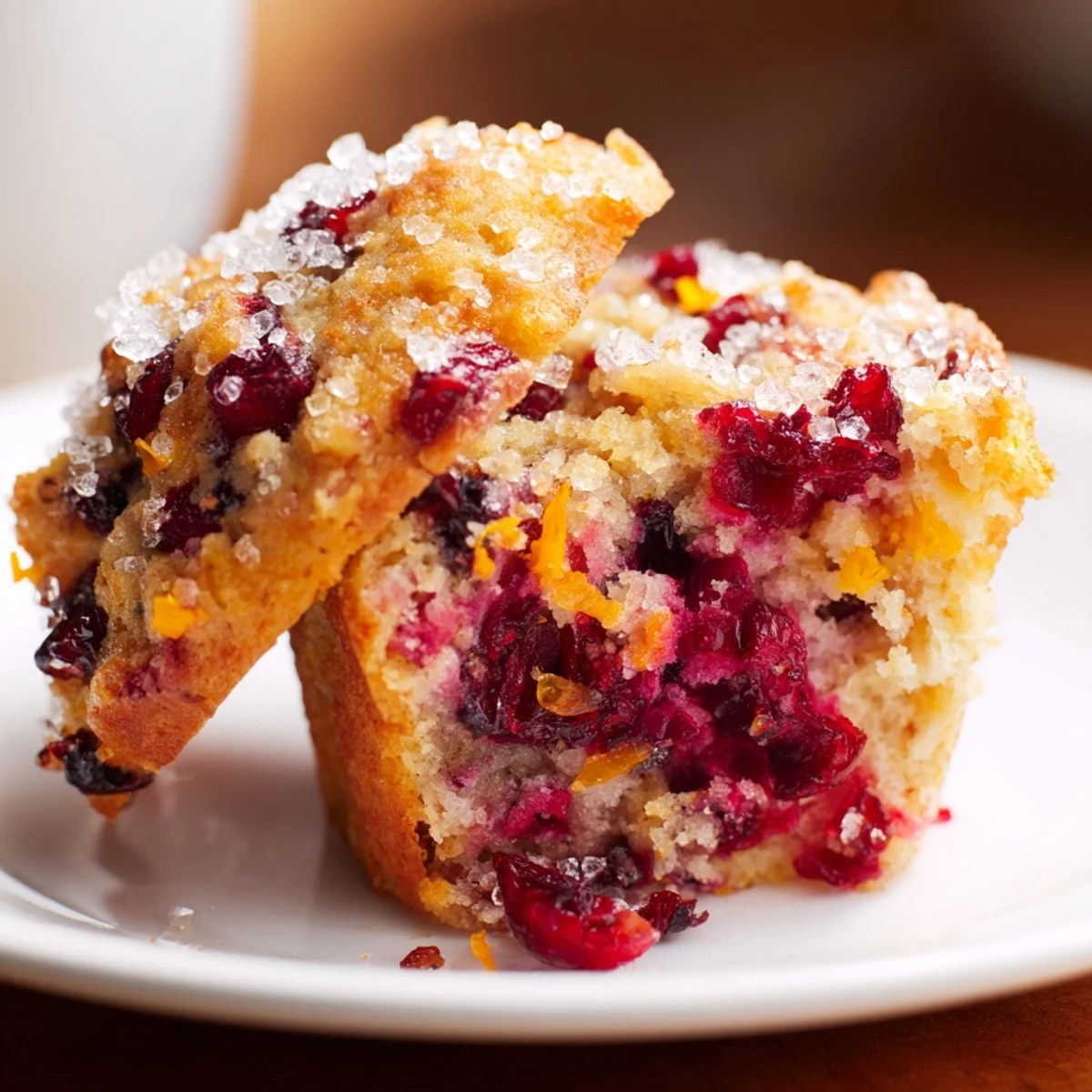 A close-up of fluffy cranberry muffins, speckled with cranberries, ready to enjoy with coffee.