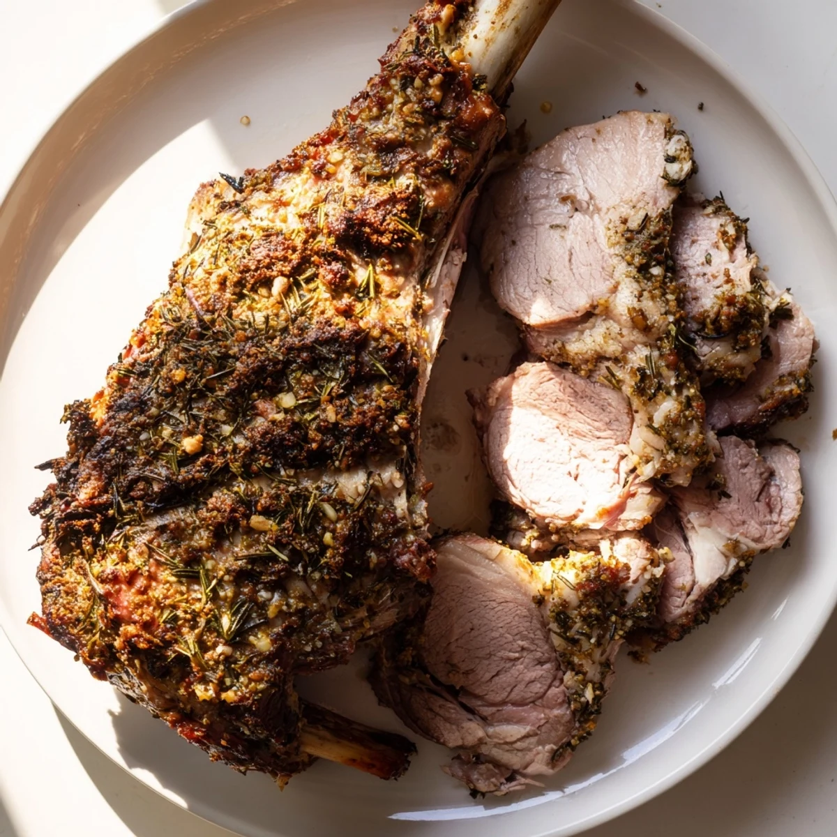 Golden-brown roasted lamb, a centerpiece on a platter with rosemary sprigs, perfect for special dinners.