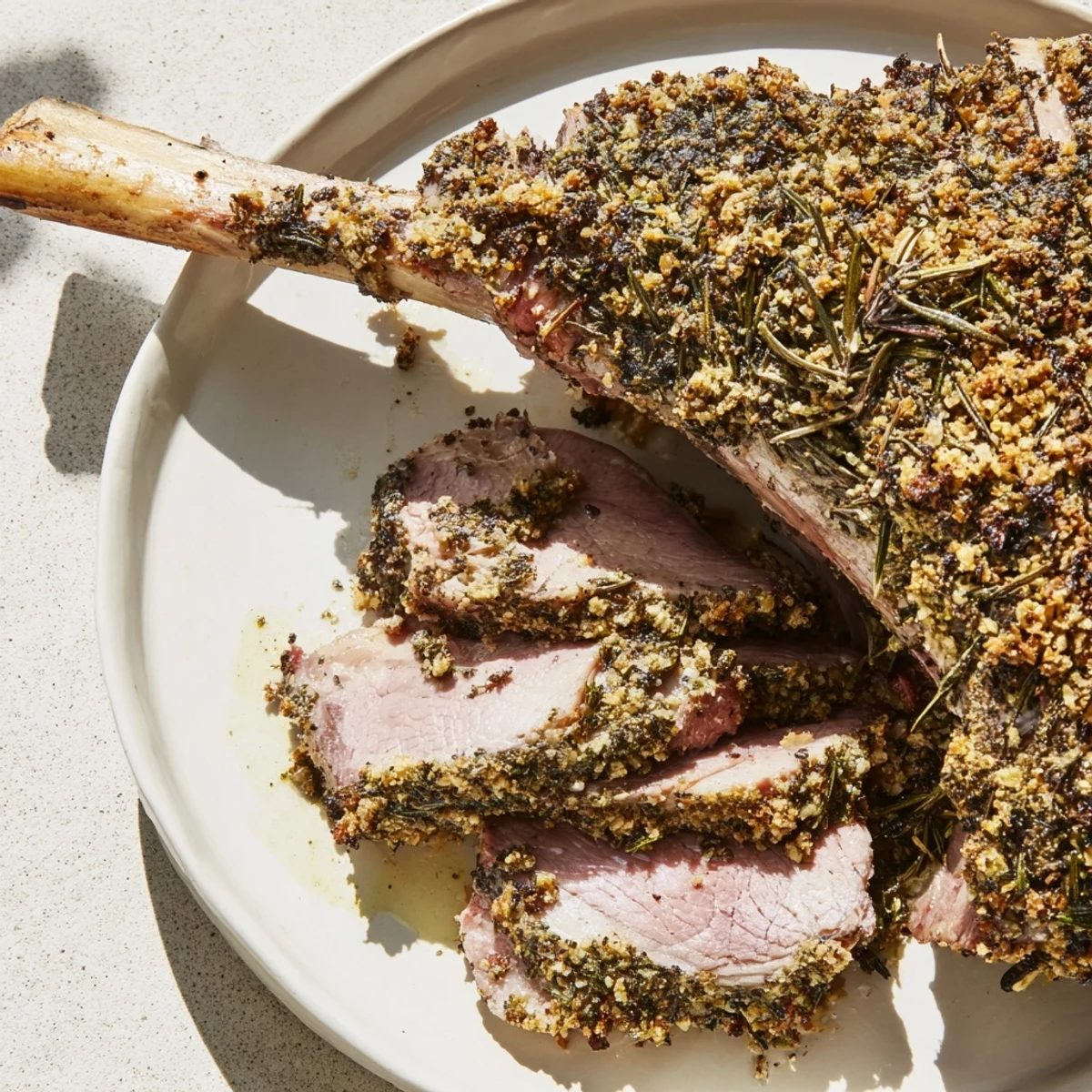 Succulent slices of roasted lamb with crispy edges, showing the juicy, melt-in-your-mouth texture.