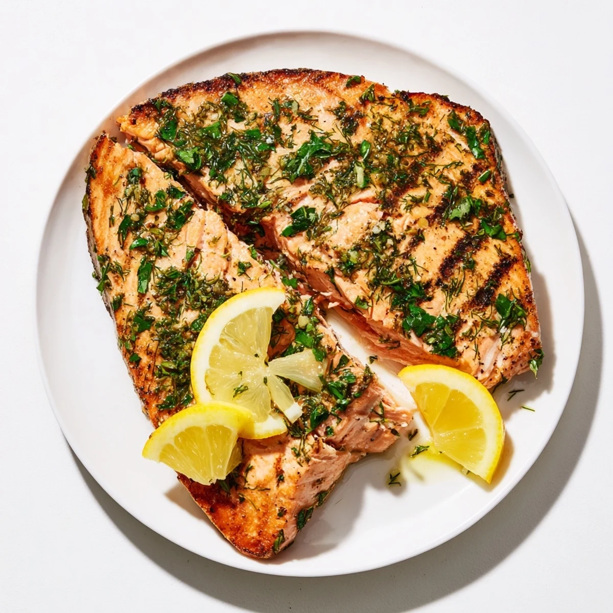 Flaky, grilled Lemon Herb Salmon with bright lemon wedges, a perfect, healthy dinner.