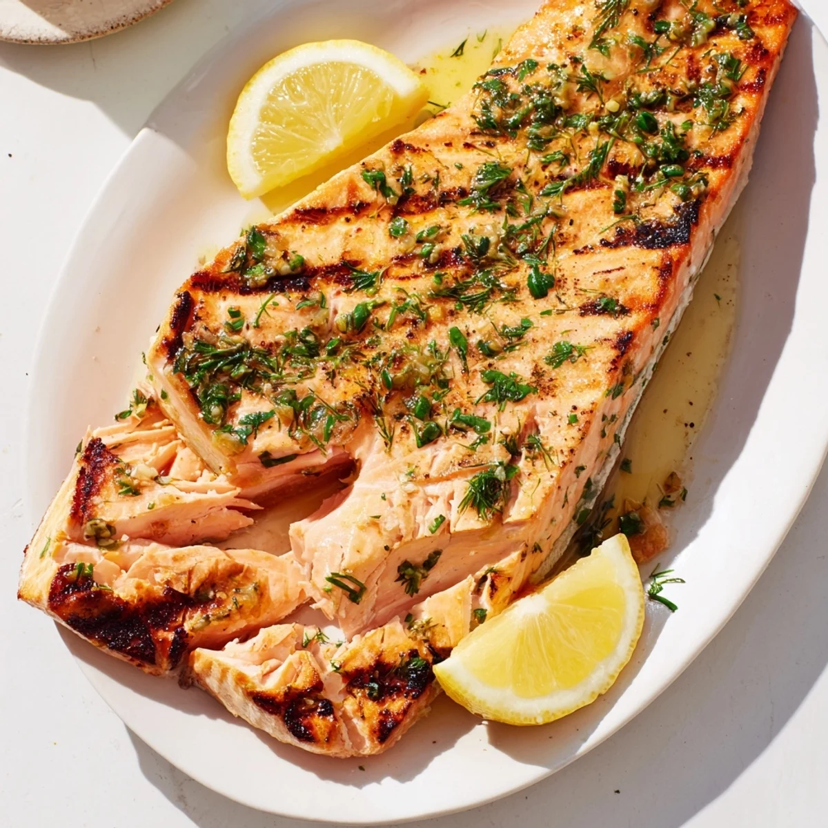 Freshly grilled Lemon Herb Salmon, featuring vibrant herbs, ready for a delicious, flaky bite.