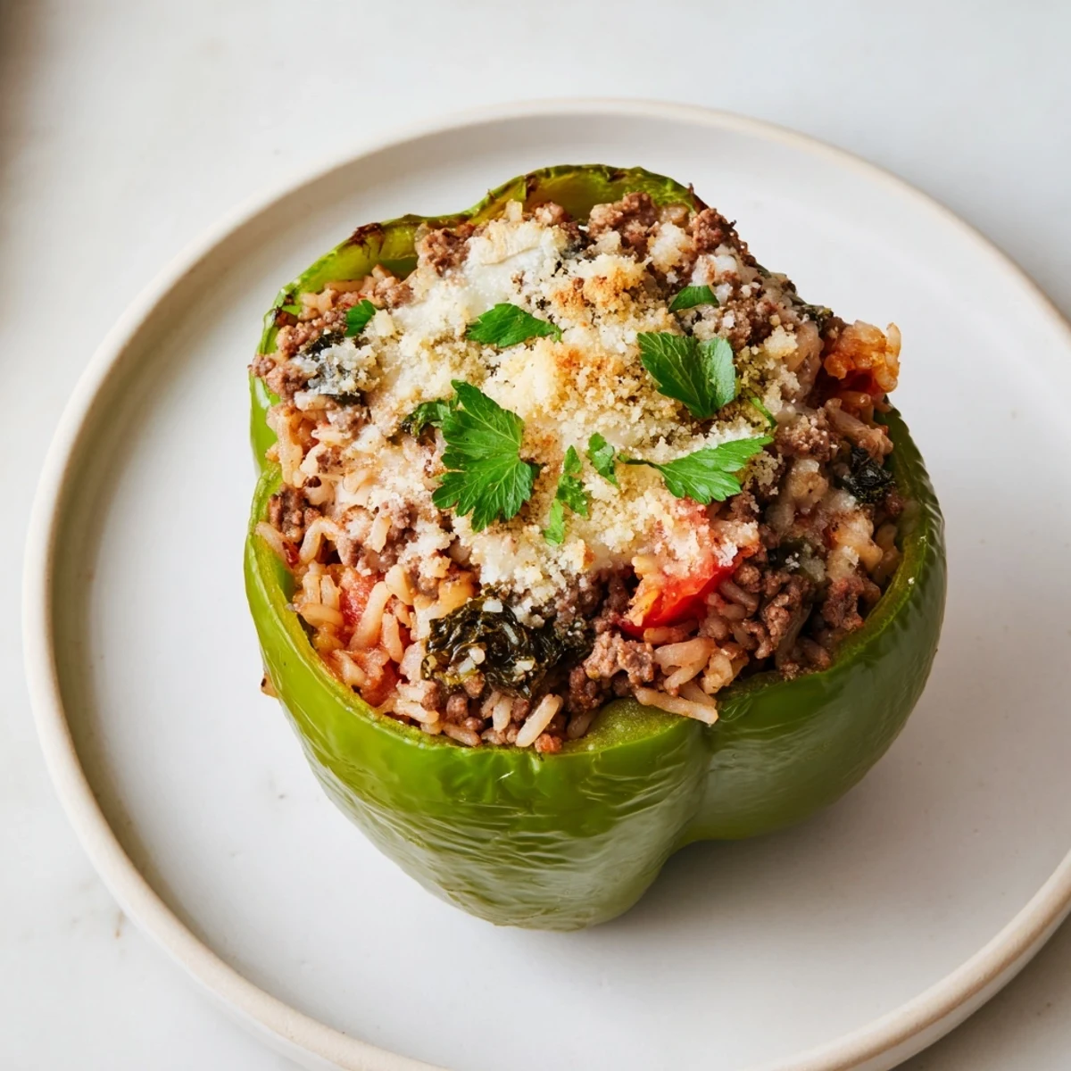 Golden, bubbly cheese tops the Baked Stuffed Bell Peppers, a delicious family-friendly meal.