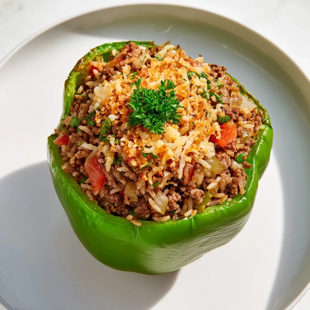 Savory ground beef and rice filling inside vibrant Baked Stuffed Bell Peppers, cooked tender and flavorful.