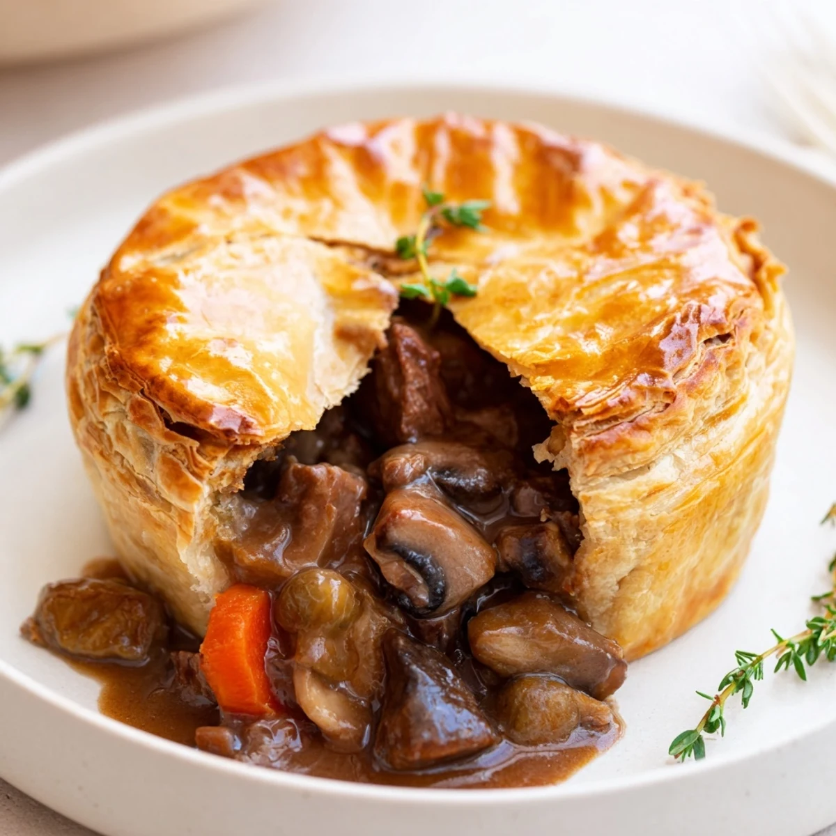 Golden, flaky crust encases warm, savory beef and mushroom pie, ready to be served.