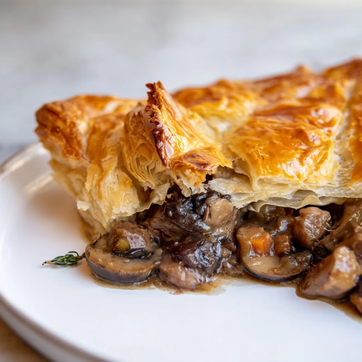 A steaming slice of beef and mushroom pie, showing the tender beef and rich gravy.