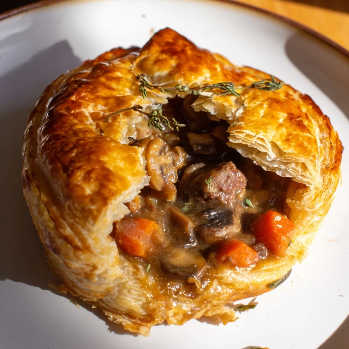 Enjoy a hearty plate: homemade beef and mushroom pie with golden pastry and flavorful filling.