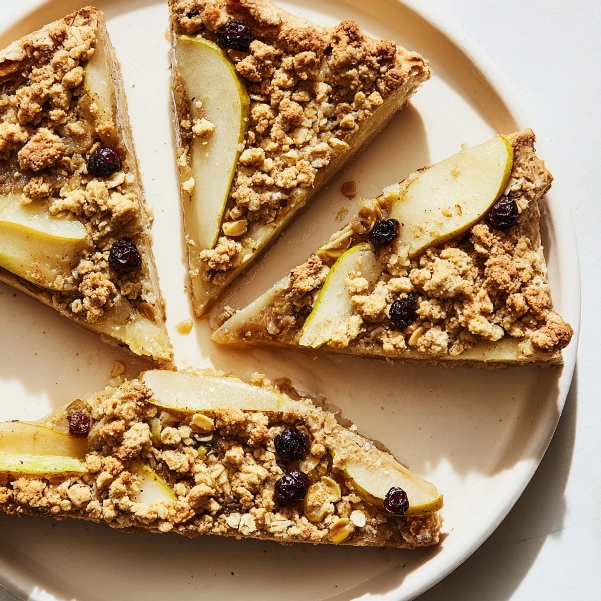 Golden brown Spiced Pear and Cranberry Crisp, bubbling and sweet, perfect with creamy vanilla ice cream.