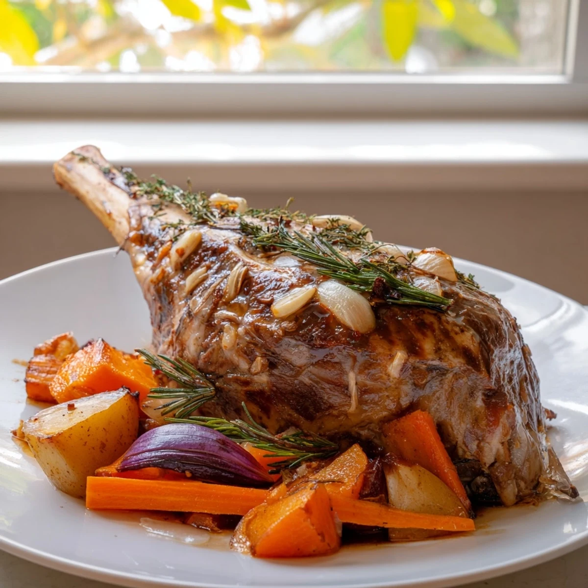 Juicy roasted lamb with root vegetables, beautifully browned, ready to be carved for a satisfying dinner.