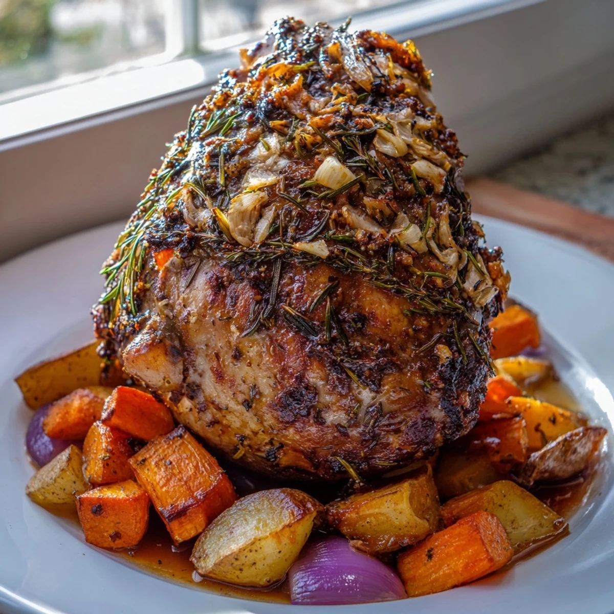 Fragrant roasted lamb and root vegetables, showcasing a medley of textures and rich, savory flavors.