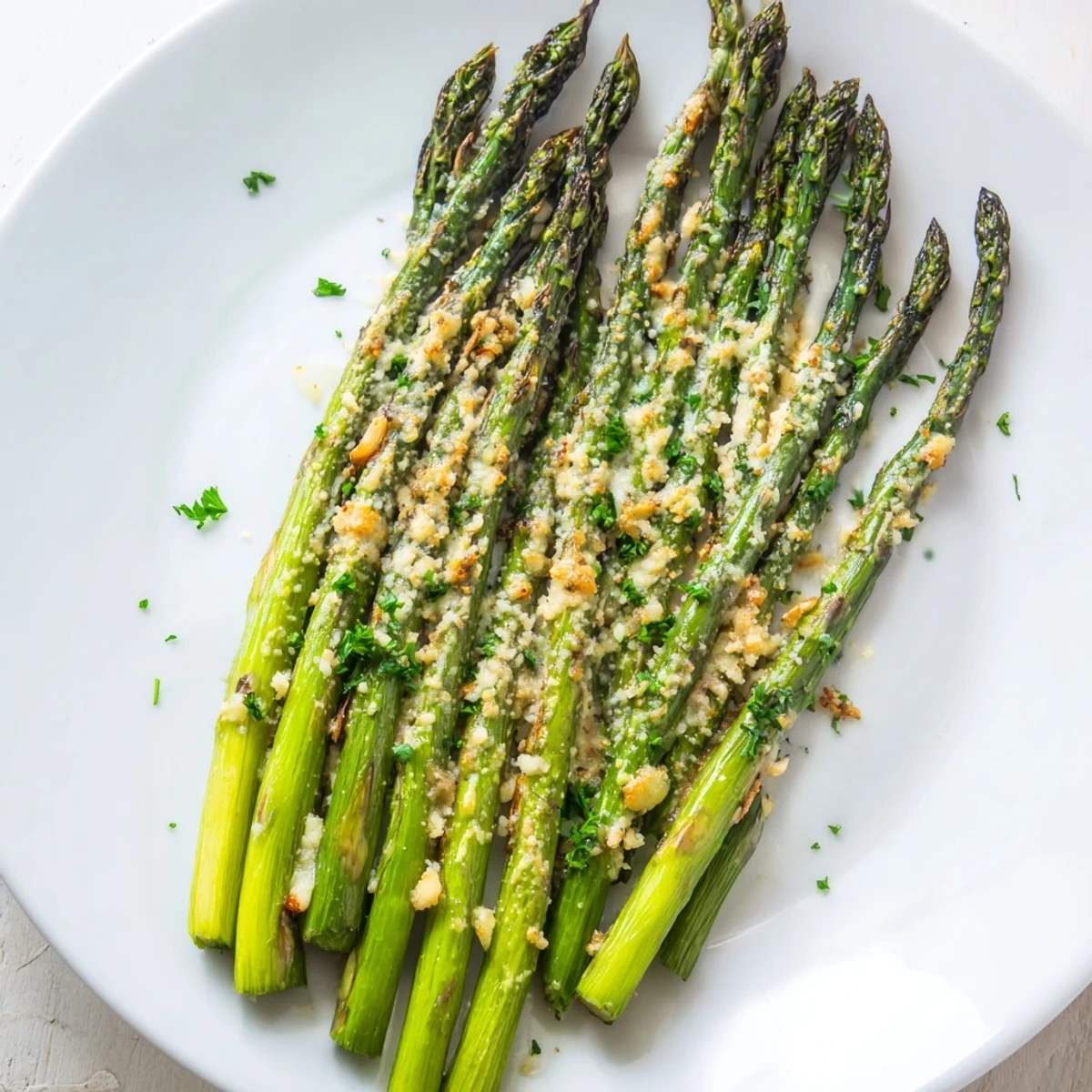 Vibrant green asparagus, glistening with olive oil and Parmesan, ready for a taste of this flavorful Garlic Parmesan recipe.