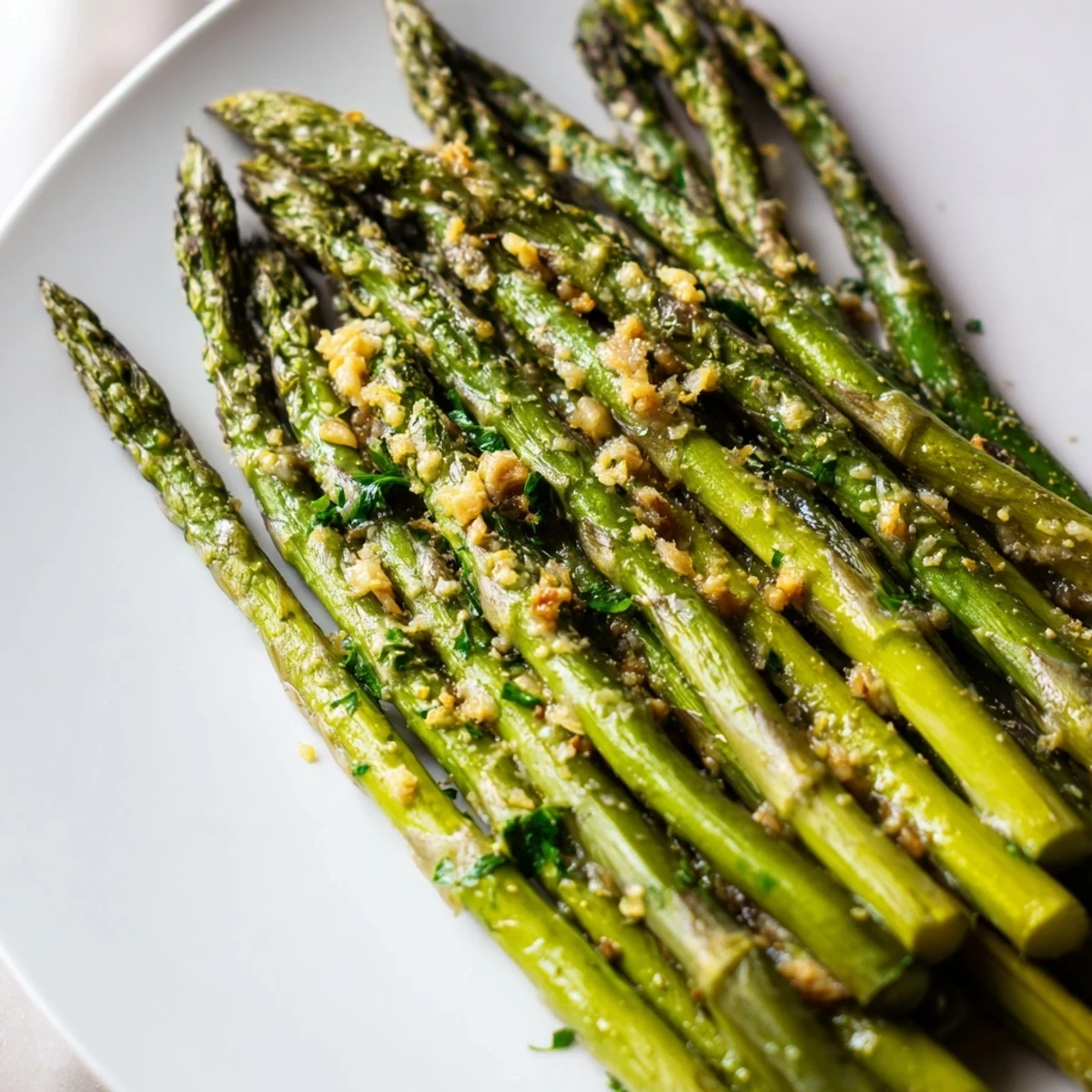 Garlic Parmesan Roasted Asparagus, golden-brown and crispy, creating a delicious savory side dish for dinner.