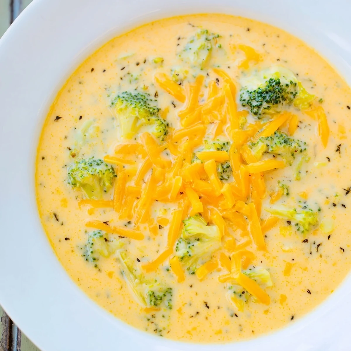 Creamy Broccoli Cheddar Soup, a warm and inviting bowl of cheesy goodness, garnished with sharp cheddar.