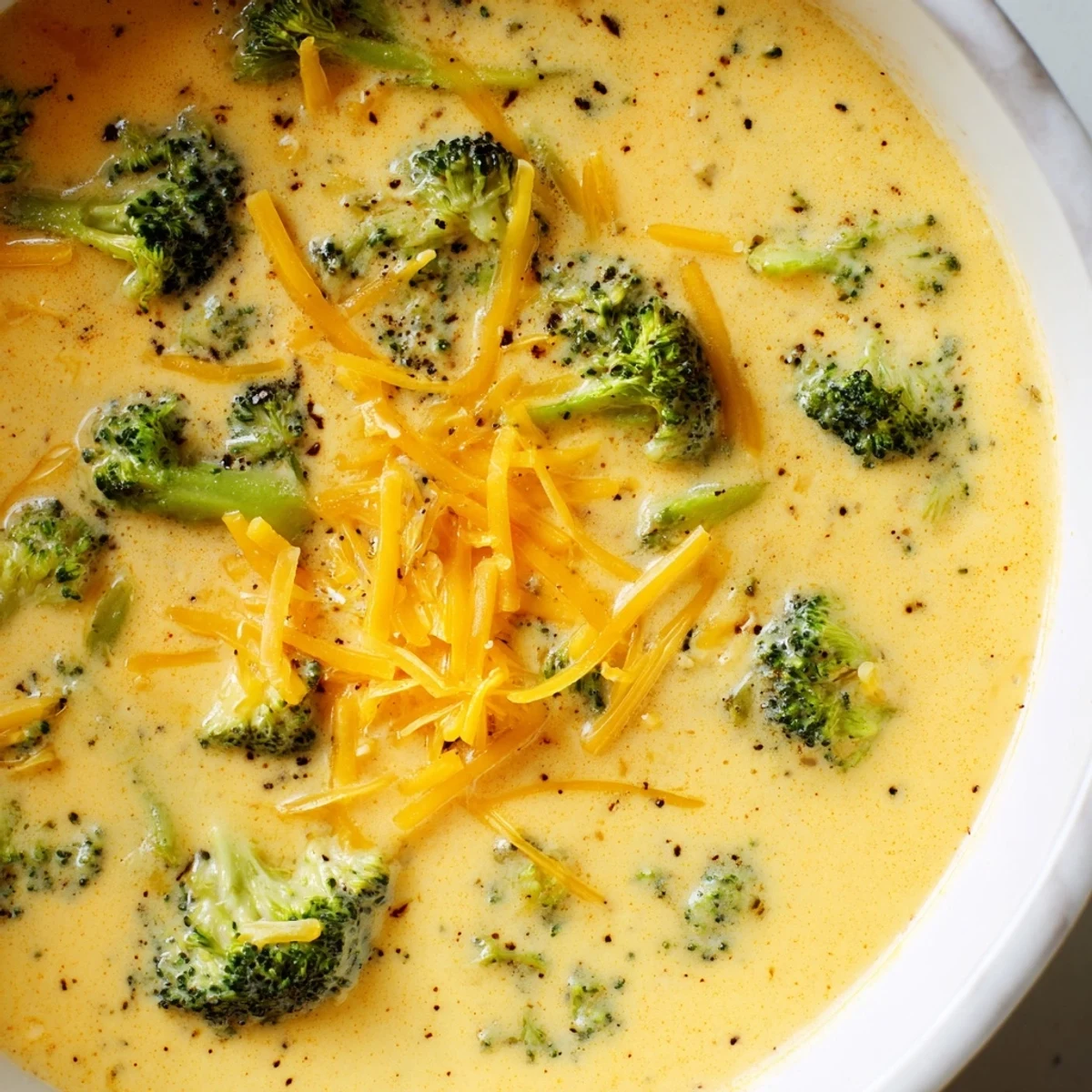 This rich Creamy Broccoli Cheddar Soup features chunks of broccoli in a vibrant, cheesy broth.