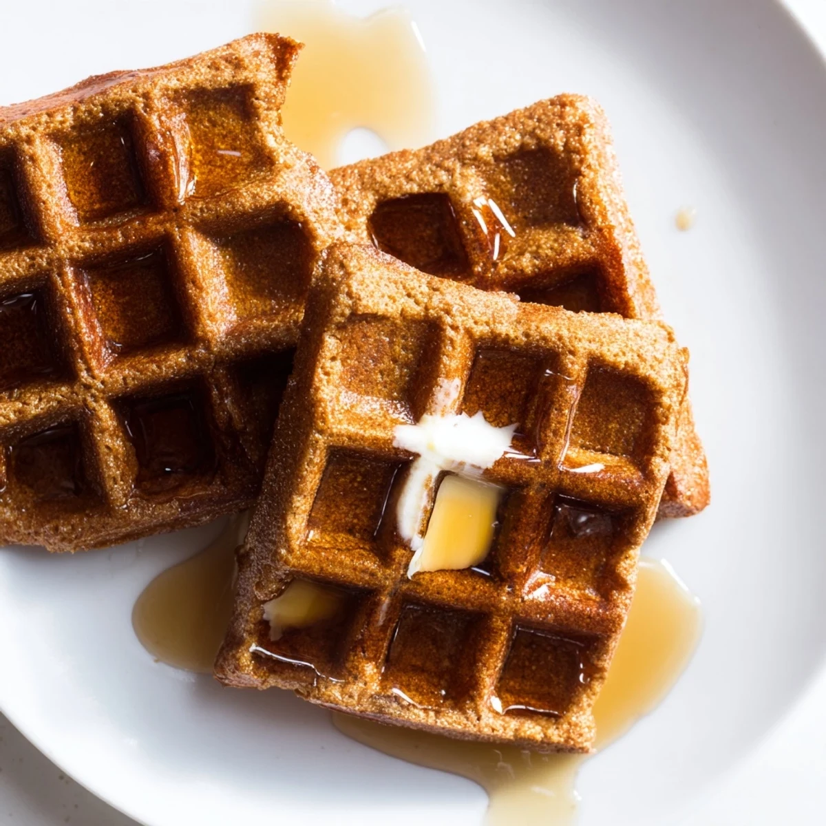 Golden-brown Gingerbread Waffles, a taste of the holidays, topped with whipped cream and berries.