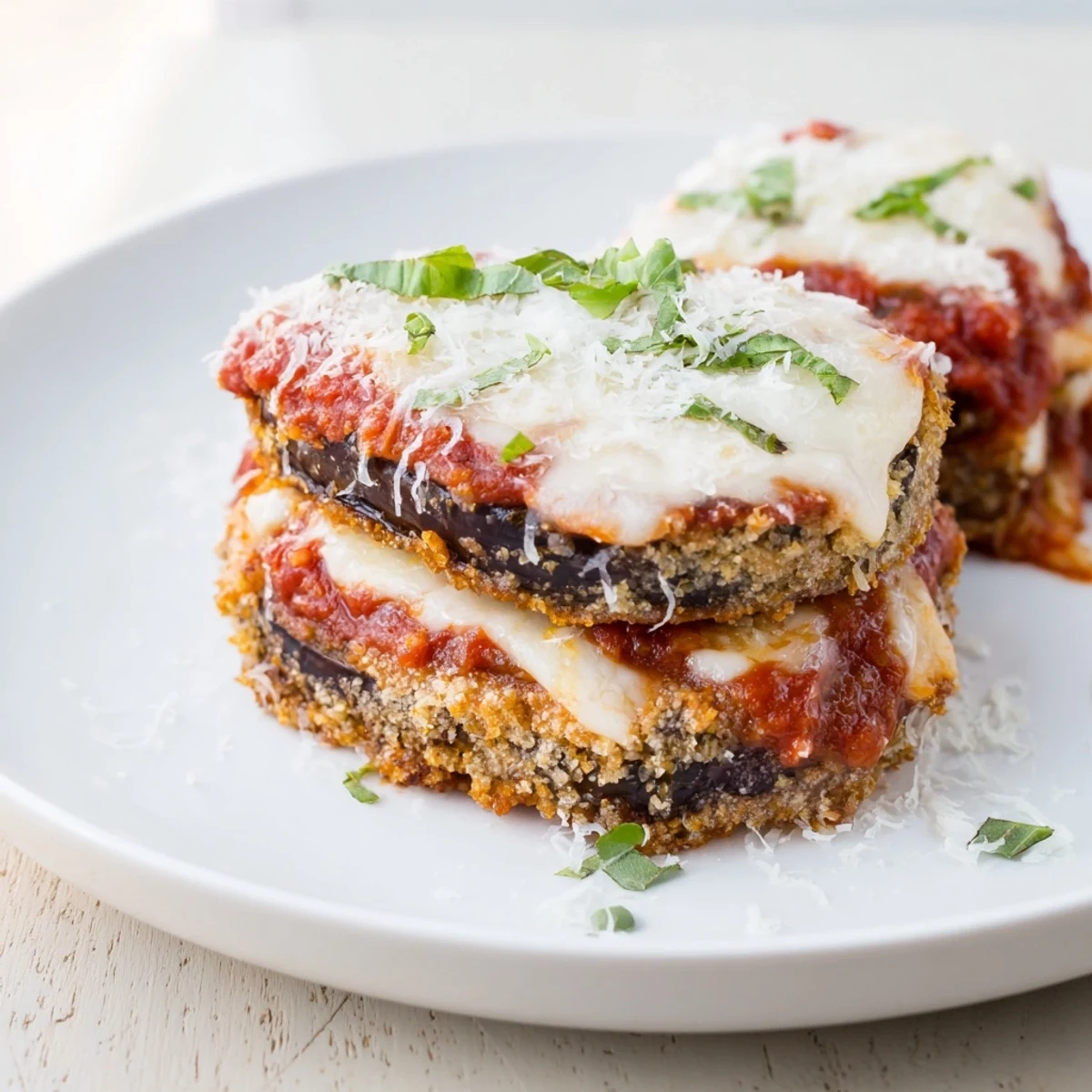 Golden-brown, crispy Baked Eggplant Parmesan with bubbling cheese, smelling wonderfully savory and warm.