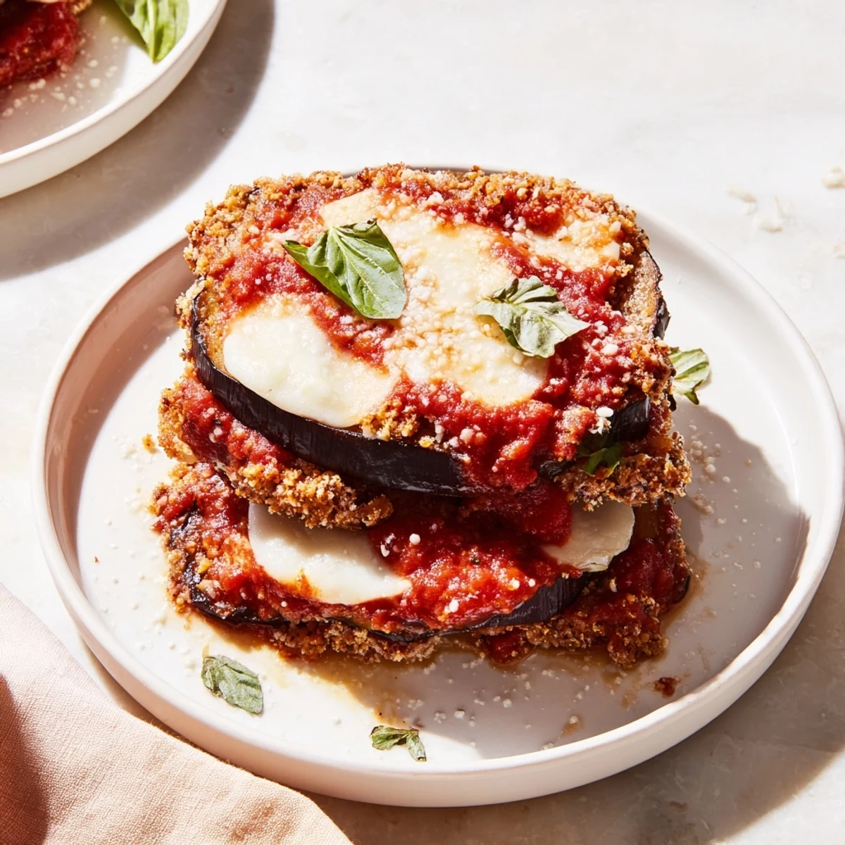 A close-up of a freshly baked, cheesy, satisfying portion of Baked Eggplant Parmesan, ready to eat.