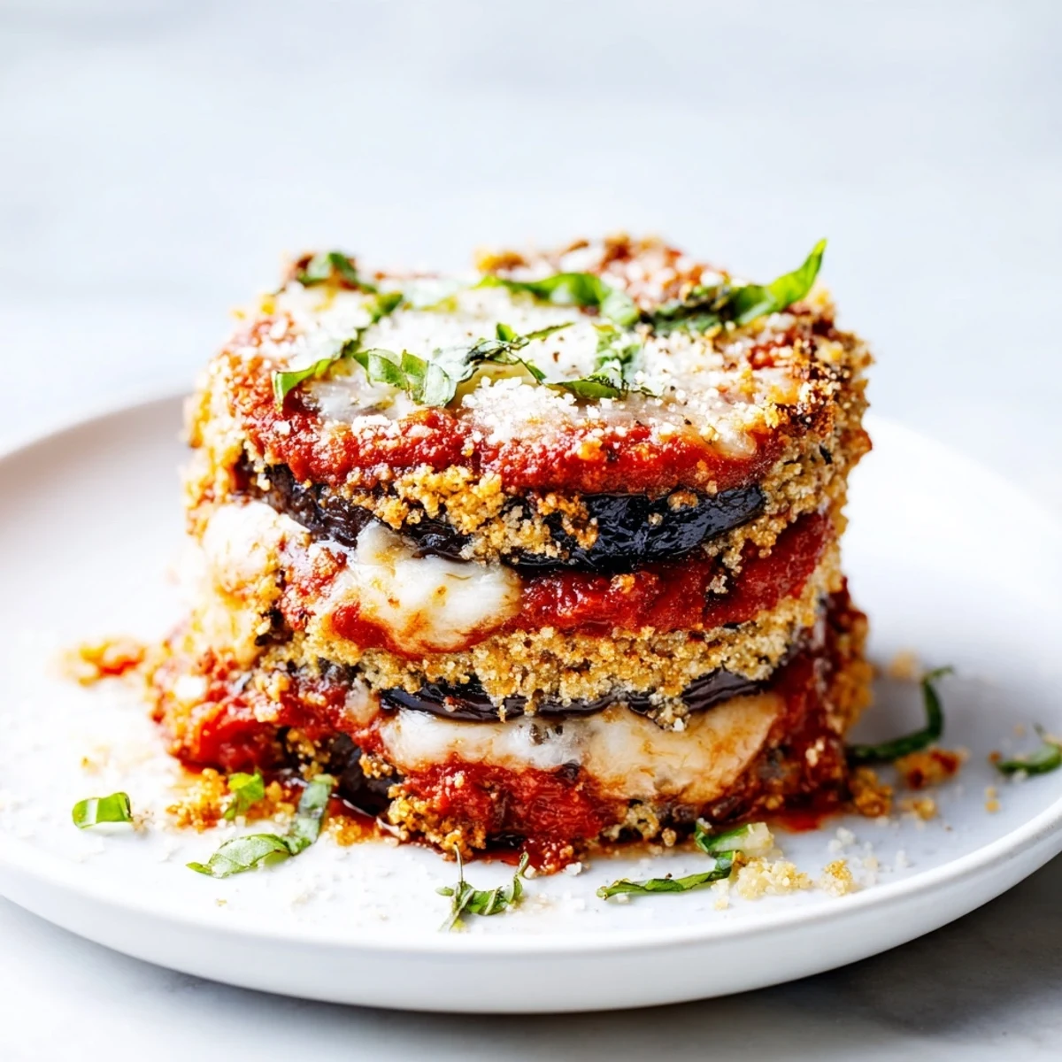 Classic Baked Eggplant Parmesan, showcasing layered eggplant slices covered in marinara and melted mozzarella.