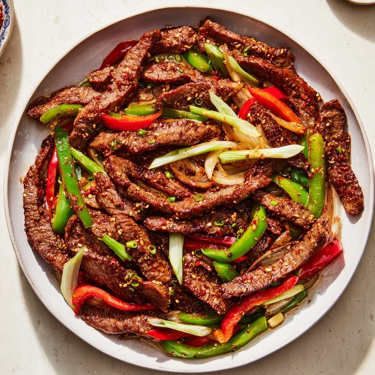 Tender, glistening Spicy Szechuan Beef Stir Fry with a vibrant, flavorful sauce and crisp vegetables.