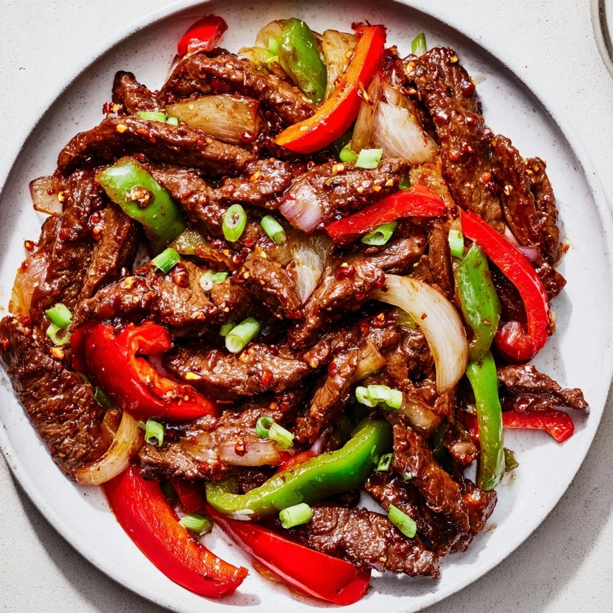 A tempting close-up of Spicy Szechuan Beef Stir Fry featuring beef and colorful bell peppers.