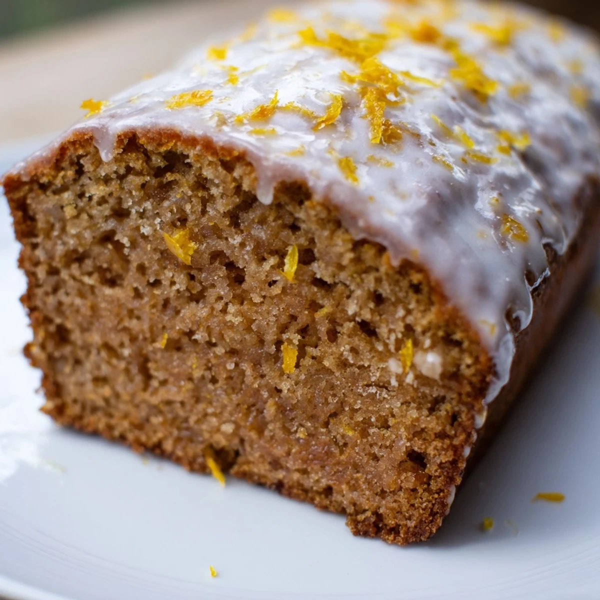 Warmly spiced gingerbread loaf cake with lemon glaze, ready for serving with a cup of tea.