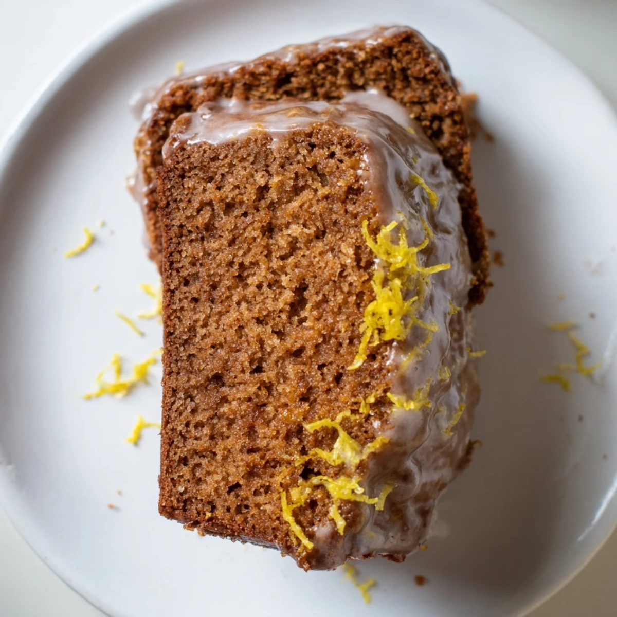A slice of golden gingerbread loaf cake, glistening with tangy lemon glaze, delicious dessert.
