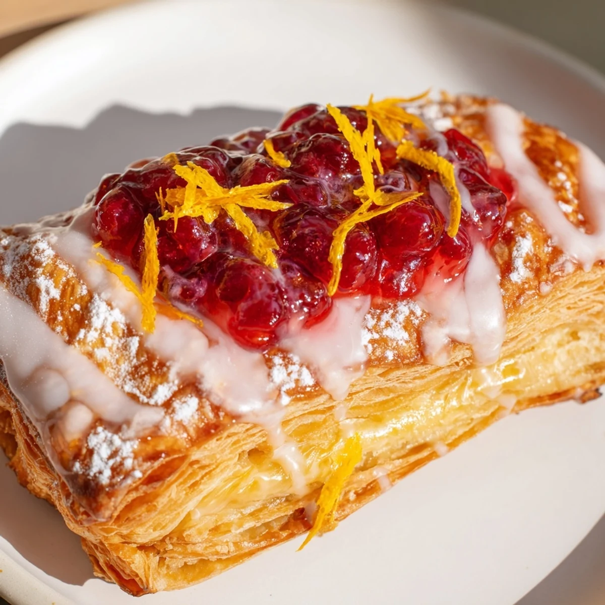 Golden, flaky Cranberry Cream Cheese Danish, drizzled with sweet glaze; a perfect baked treat.