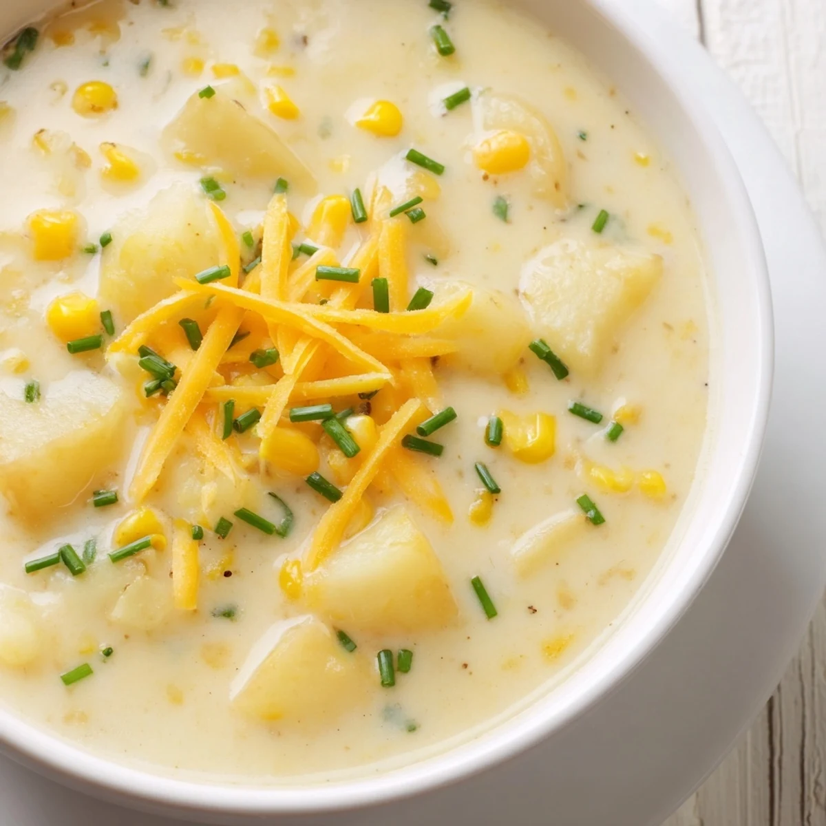 Steaming bowl of creamy corn chowder with potatoes, garnished with fresh chives, ready to eat.