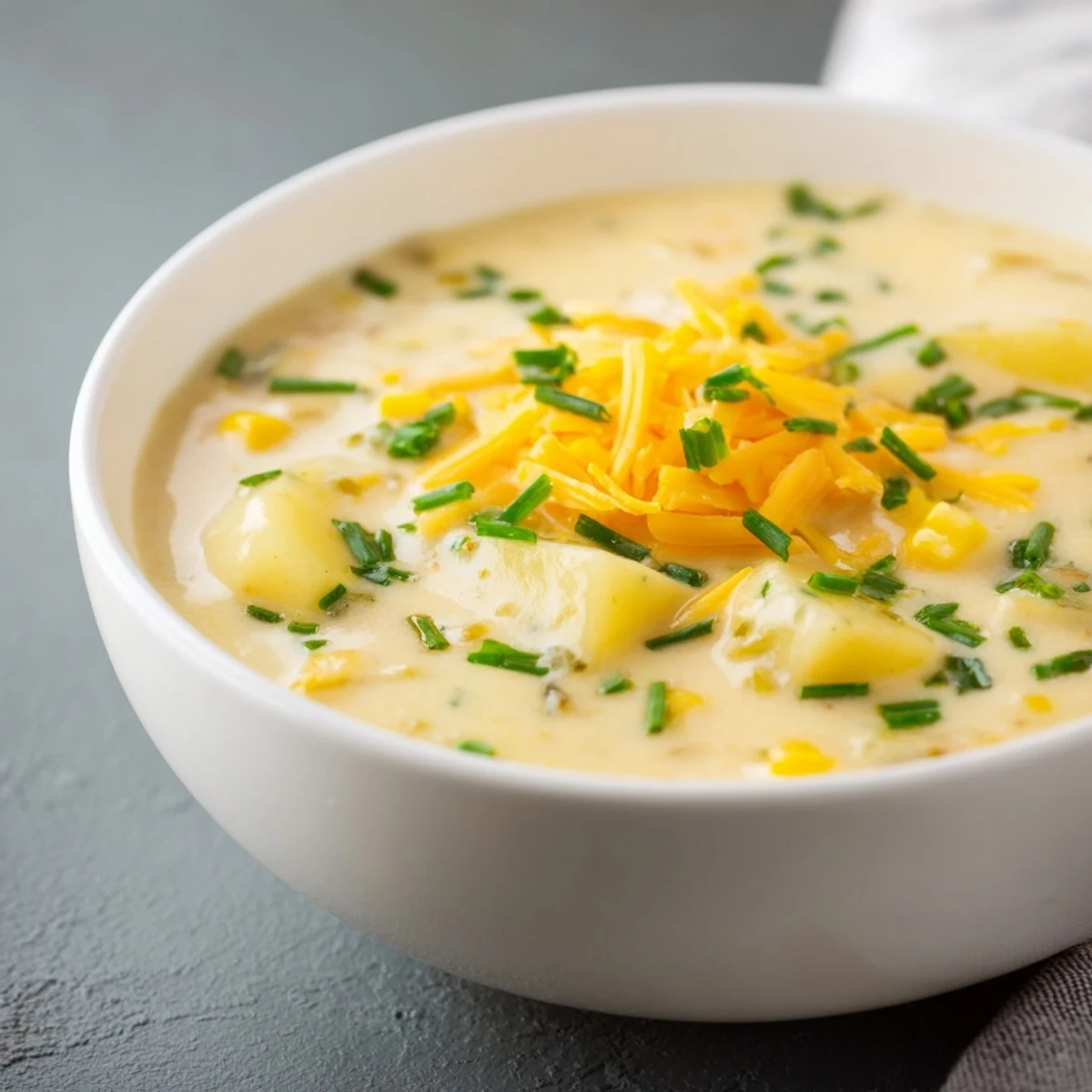 Close-up of a luscious creamy corn chowder with potatoes, showing tender vegetables and rich broth.