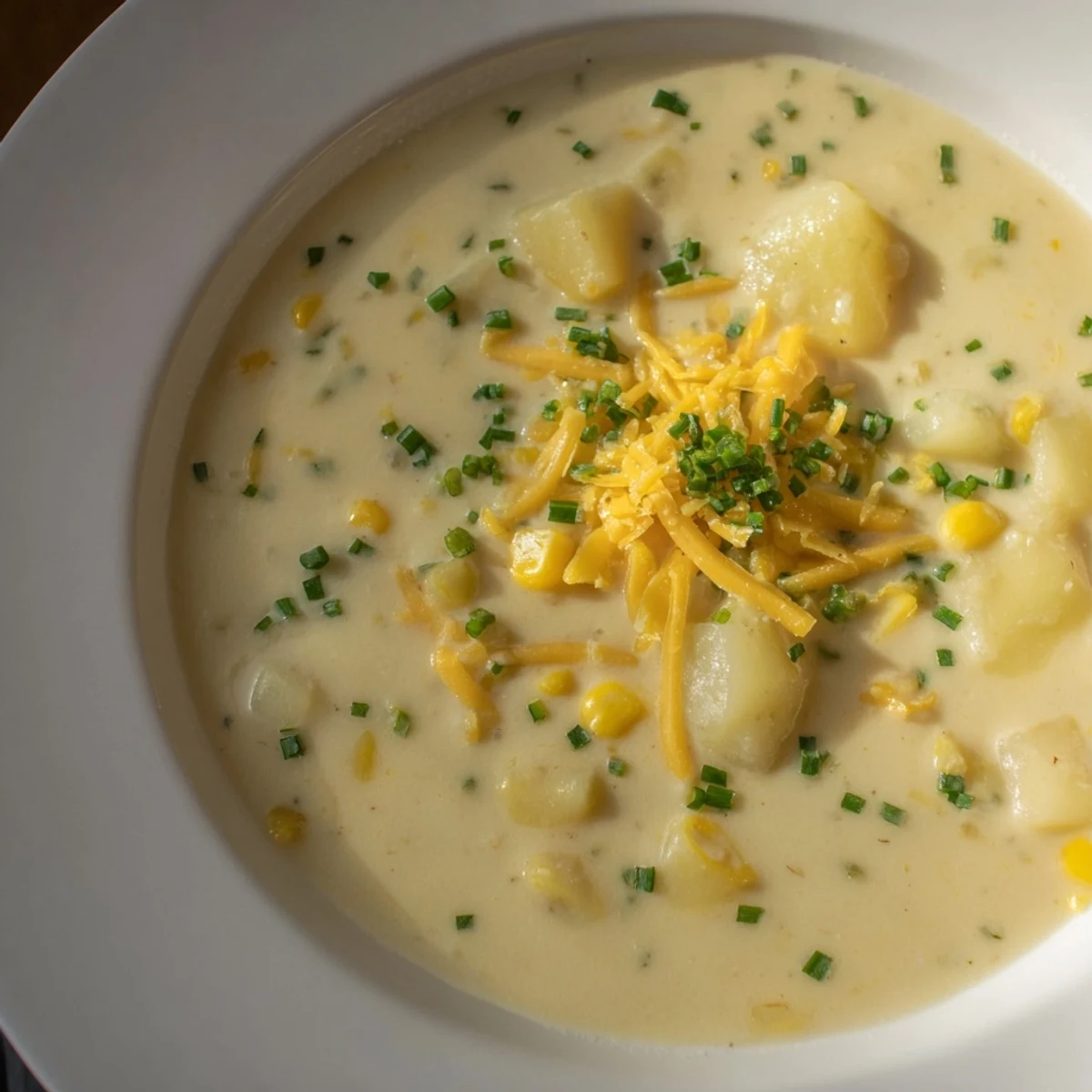 Homemade creamy corn chowder with potatoes served in a rustic bowl, perfect for a comforting meal.