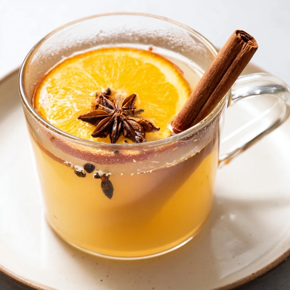 Steaming mug of Spiced Hot Apple Cider, fragrant with cinnamon and citrus, ideal for a cold evening.