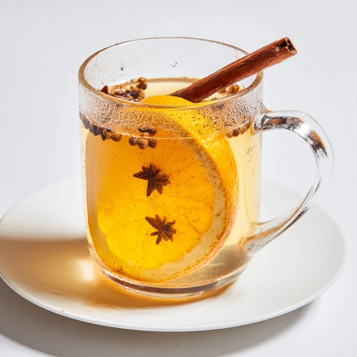 Luminous, amber-colored Spiced Hot Apple Cider, garnished with orange slices and cinnamon sticks, inviting warmth.
