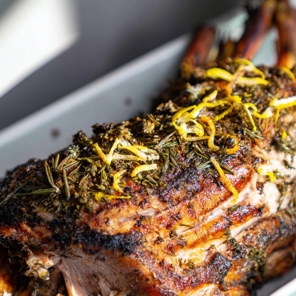 Golden-brown Lemon Herb Roasted Turkey Breast, juicy and flavorful, ready for slicing and enjoying.