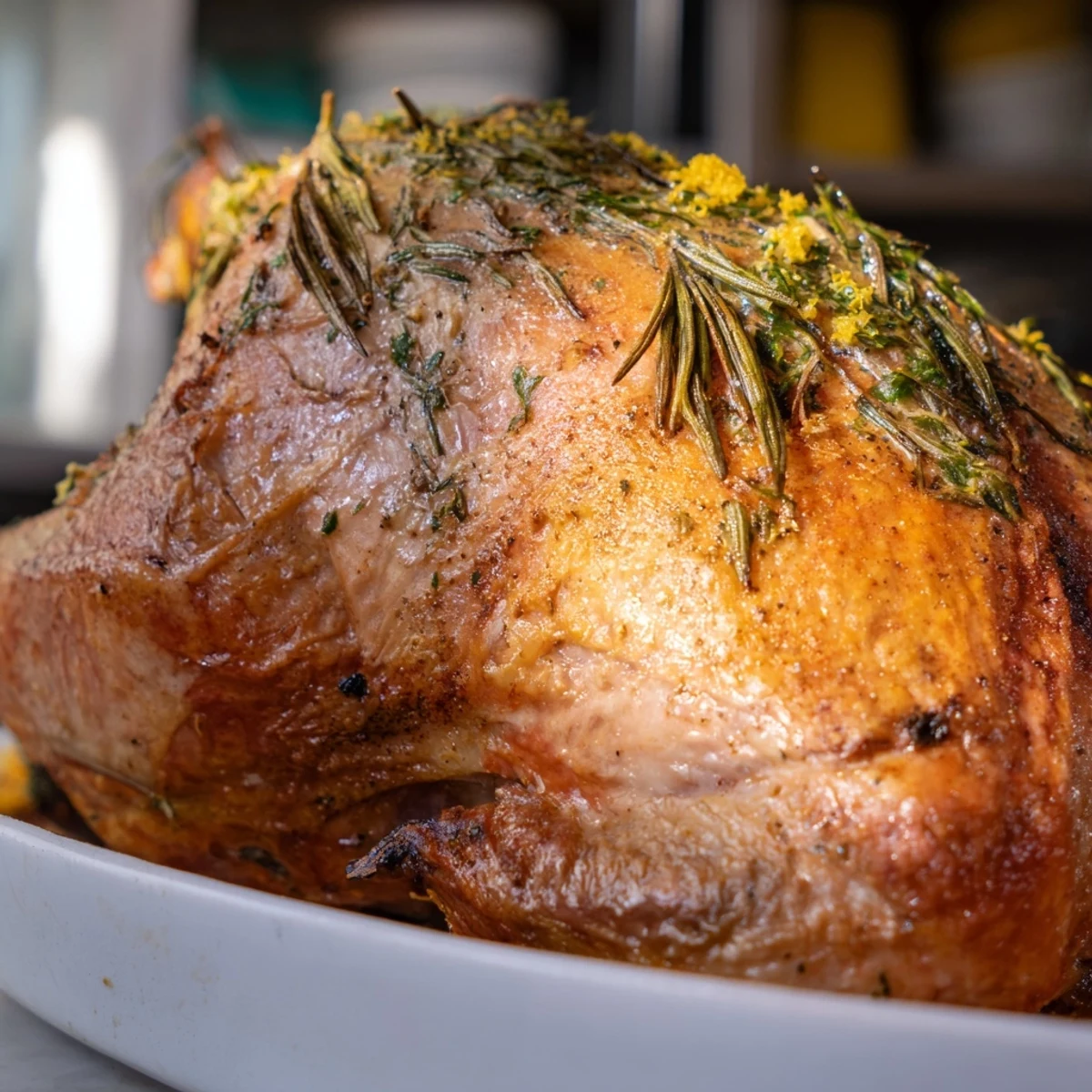 Close-up of a perfectly roasted Lemon Herb Turkey Breast with crispy skin, surrounded by lemon slices.