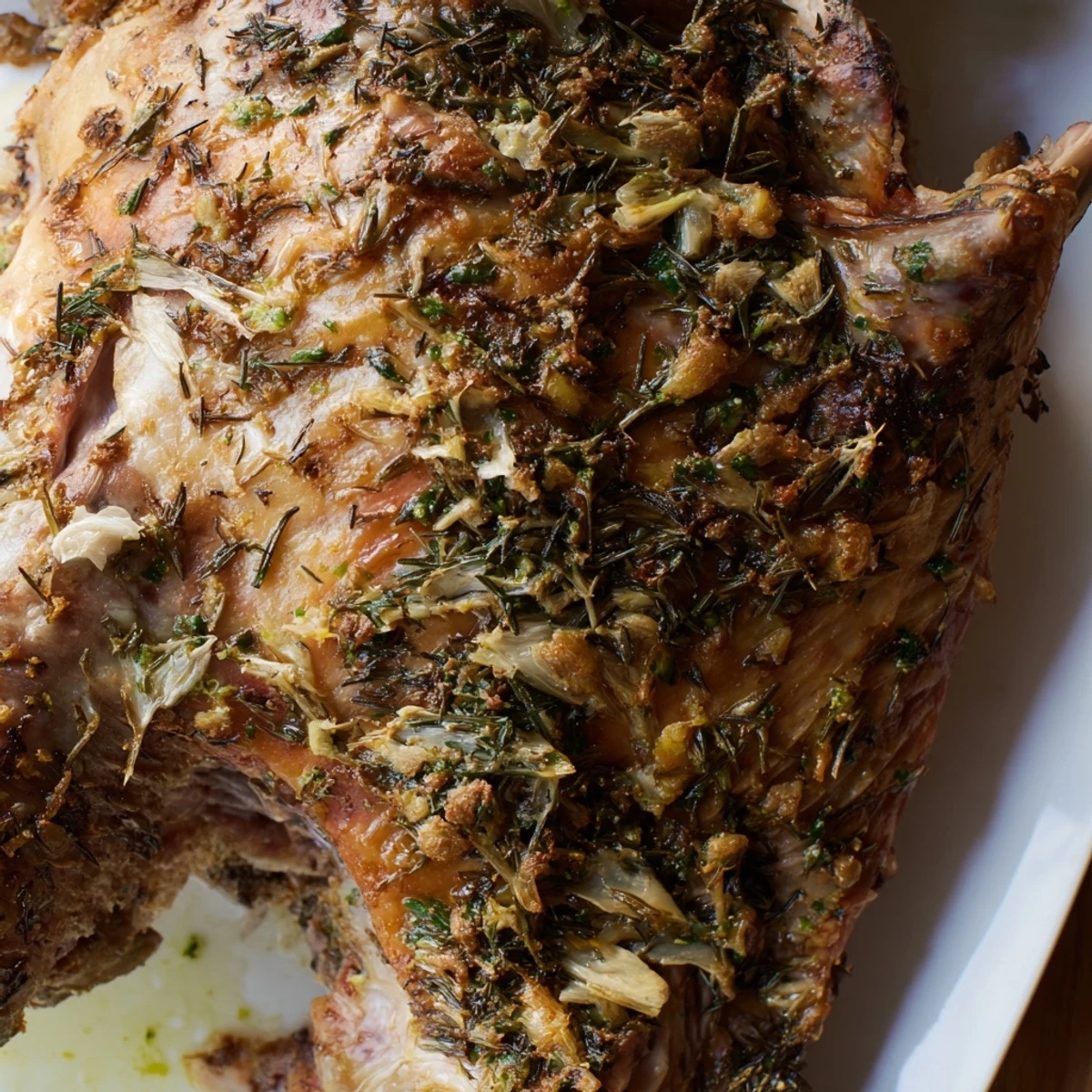 This delicious Lemon Herb Roasted Turkey Breast showcases glistening, herb-infused skin before serving.