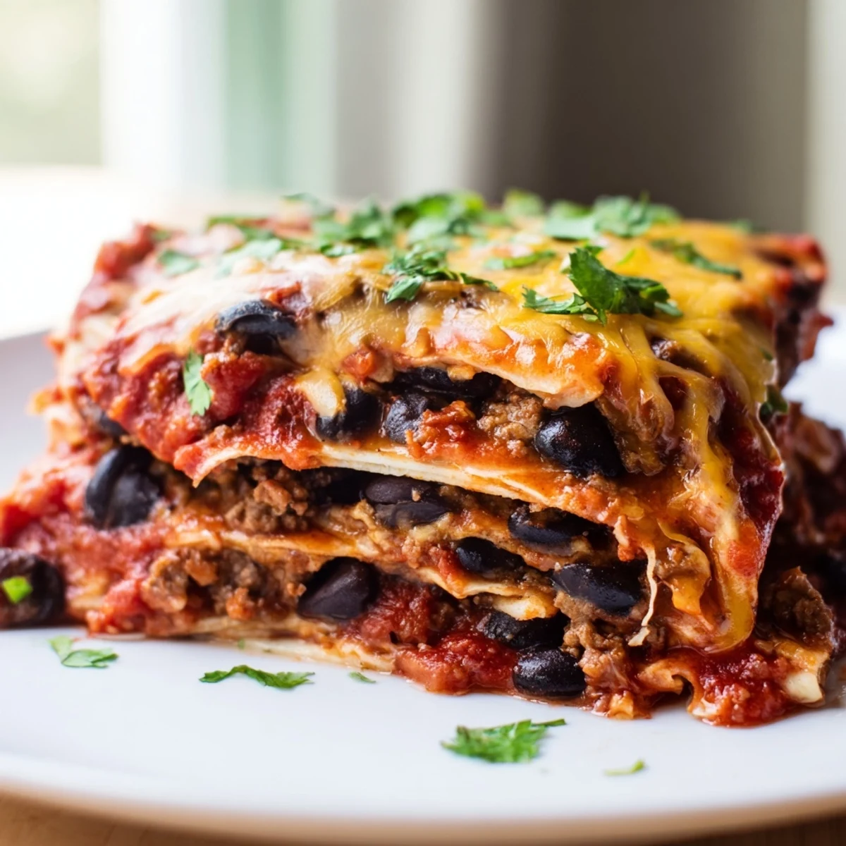 Fragrant, bubbly Beef Enchilada Casserole, topped with melted cheese, promising a hearty family dinner.