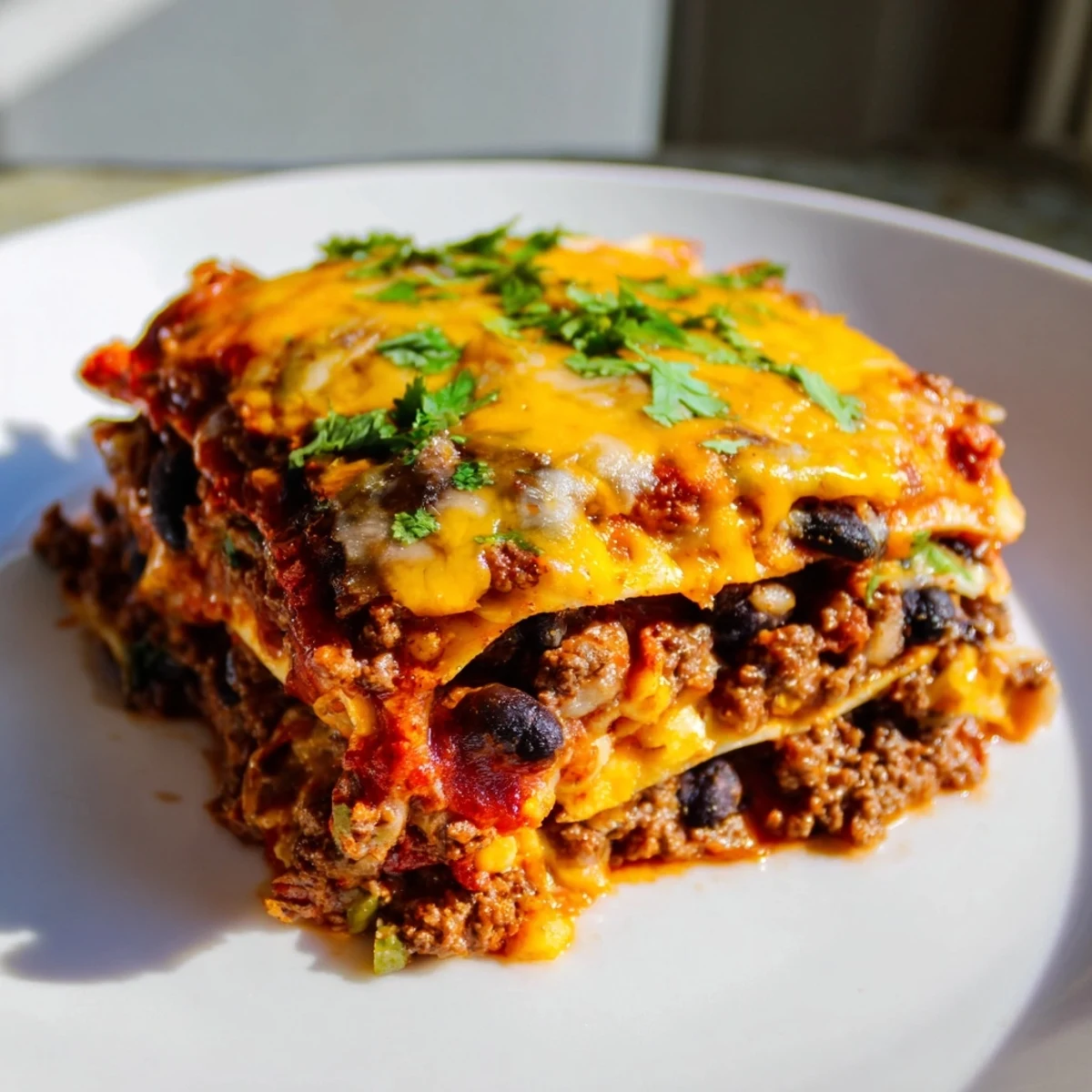 A close-up of a Beef Enchilada Casserole, with golden bubbly cheese, ready for serving.