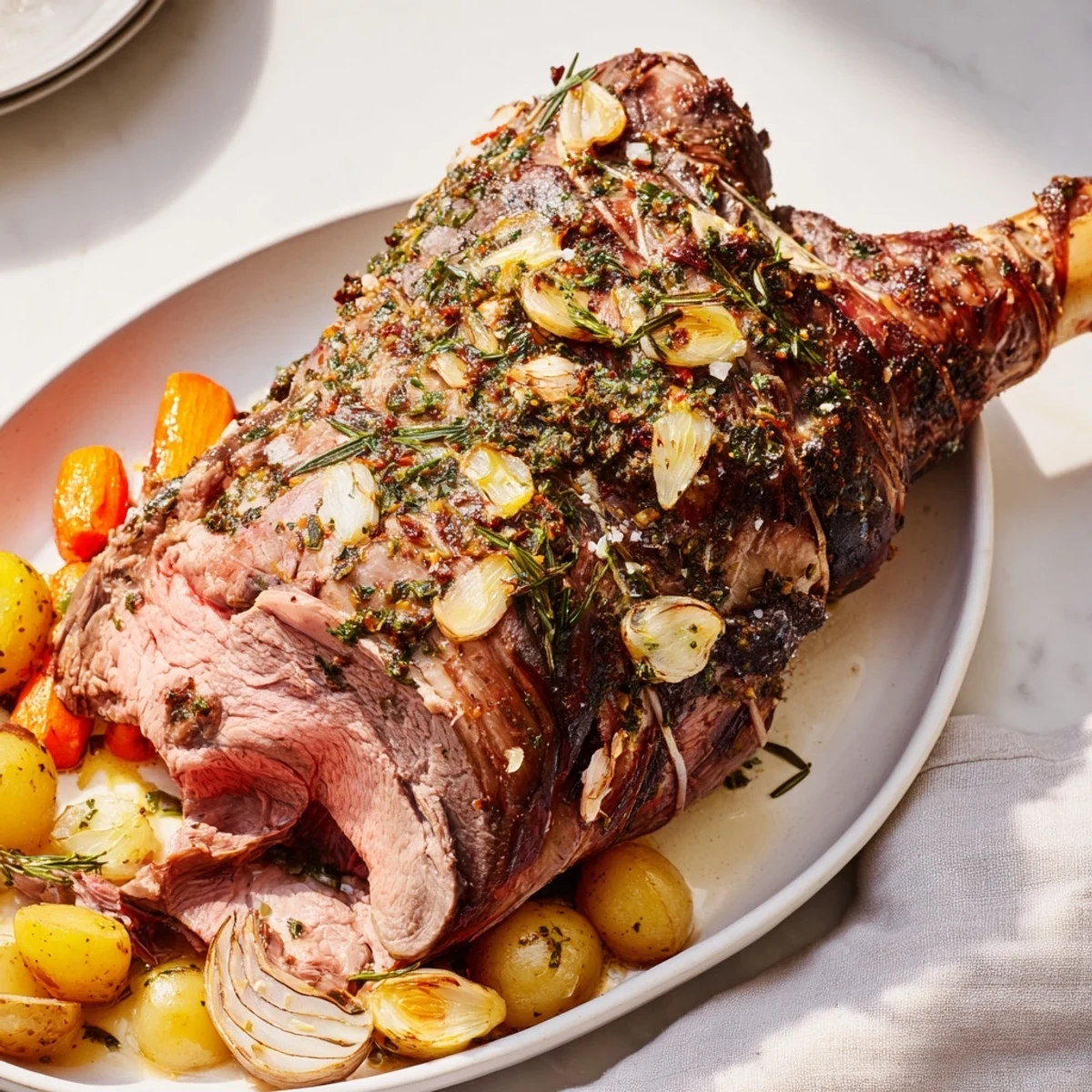 Juicy roasted leg of lamb with garlic, glistening after its time in the oven, ready to carve.