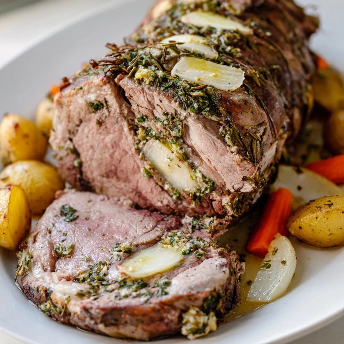 Close-up of a flavorful roasted leg of lamb with garlic, showcasing a tender, medium-rare interior.