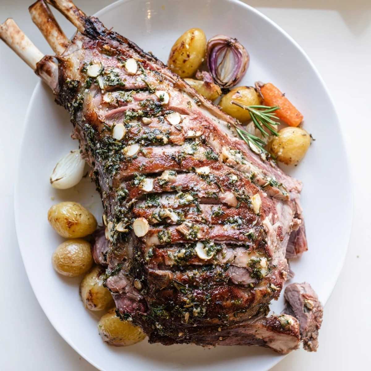 A perfectly cooked roasted leg of lamb with garlic, surrounded by golden roasted vegetables and herbs.
